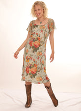 30s Green Floral Flutter Sleeve Dress