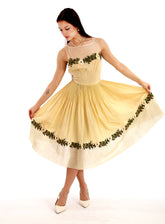 50s Yellow Pleated Embroidered Fit & Flare Dress