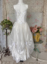 70s White Shimmery Victorian Revival Wedding Dress