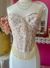 Floral Corset Hand Embellished by Susie with hundreds of Crystal Rhinestones of Yellow, Pink and Lime Green and hand sewn Gorgeous Vintage Yellow Teardrop and Pearl Beaded Fringe
