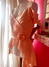 70s Reworked Pink Satin Fishtail Off Shoulder Top