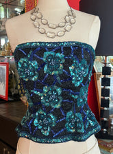 80s Turquoise and Blue Sequin Beaded Strapless Peplum Corset. Vintage 1980s Turquoise and Royal Blue Sequin Beaded Corset with Peplum Shape.