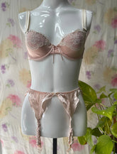 90s Pink Satin Bra Garter Lace Rhinestone Set 34B