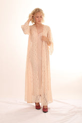 50s Peachy Pink Lace Bell Sleeve Maxi Duster Robe