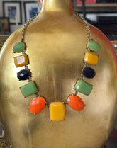 Vintage 1960s Yellow Orange and Green Plastic Bezeled Necklace Adjustable Length