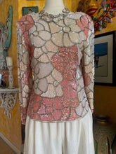 80s White and Bubble Gum Light Pink Sequin Floral and Silver Beaded Long Sleeve Top with Silver Swirly Beading. Such gorgeous colors with Beaded Neckline and Cuffs. V Back with Zipper Closure.