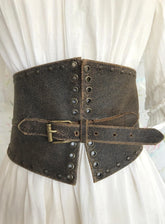 80s Distressed Leather Wide Corset Waist Belt