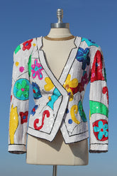 80s White Bold Abstract Sequin Jacket Blazer