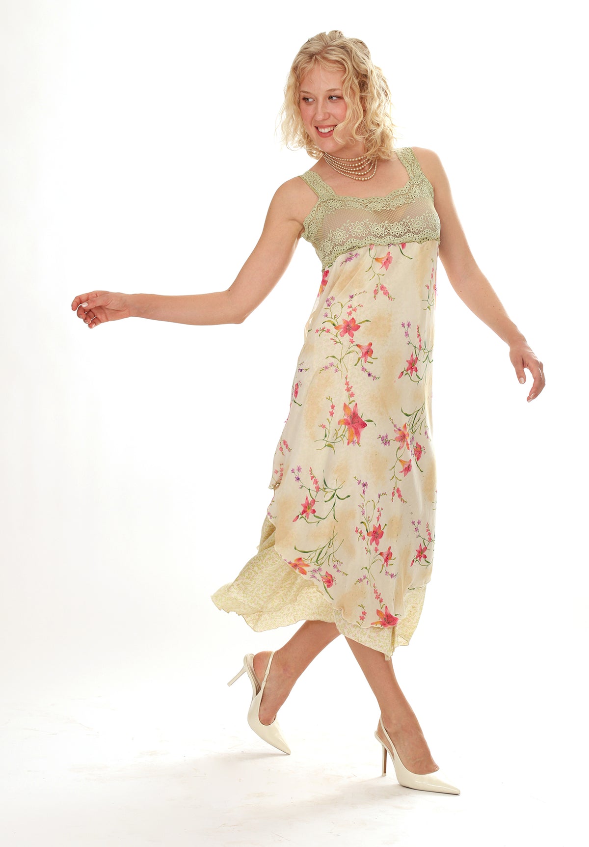 Vintage 1970s Green Silk Floral Lace Slip Dress