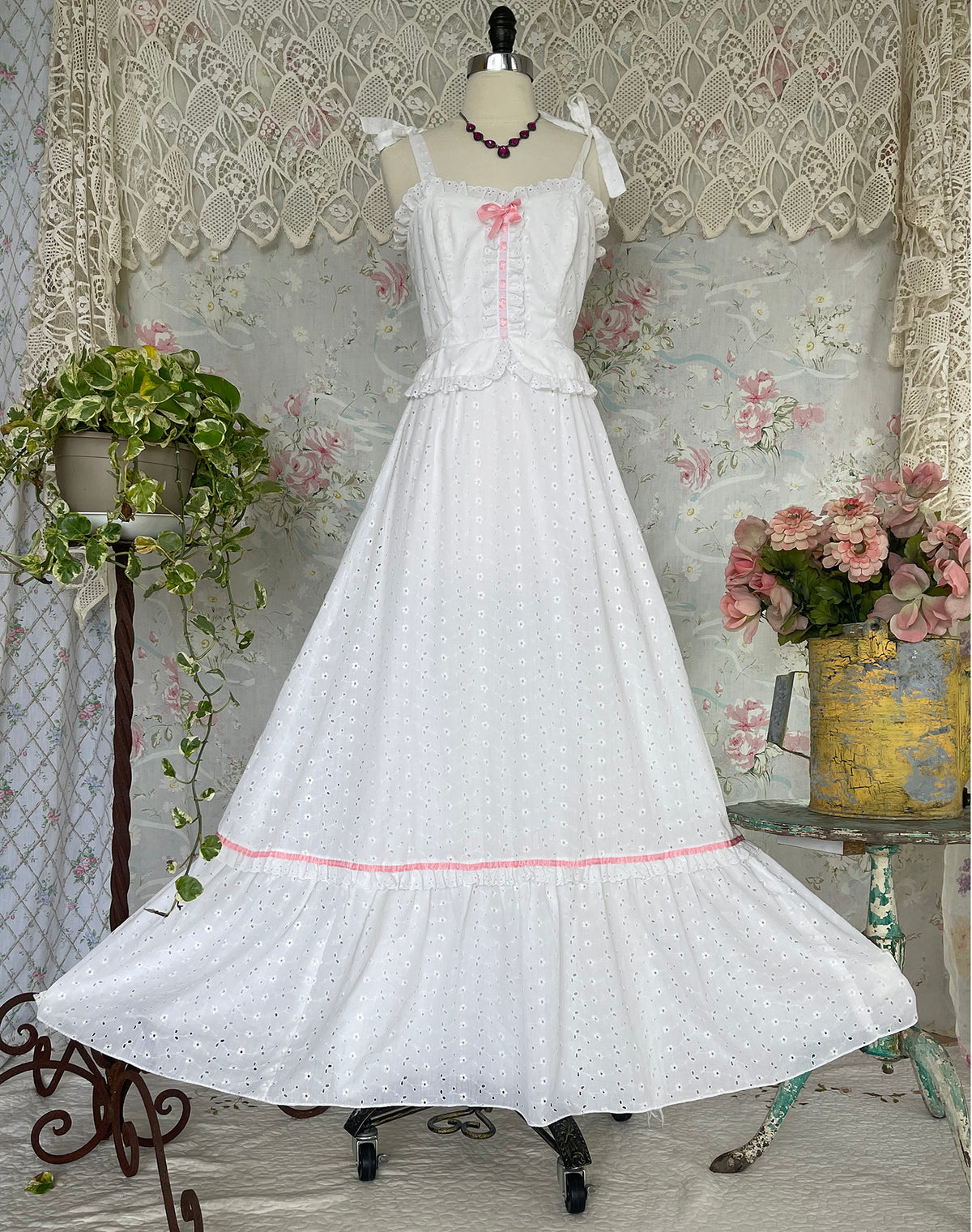 70s White and Pink Eyelet Prairie McClintock Style Maxi Dress