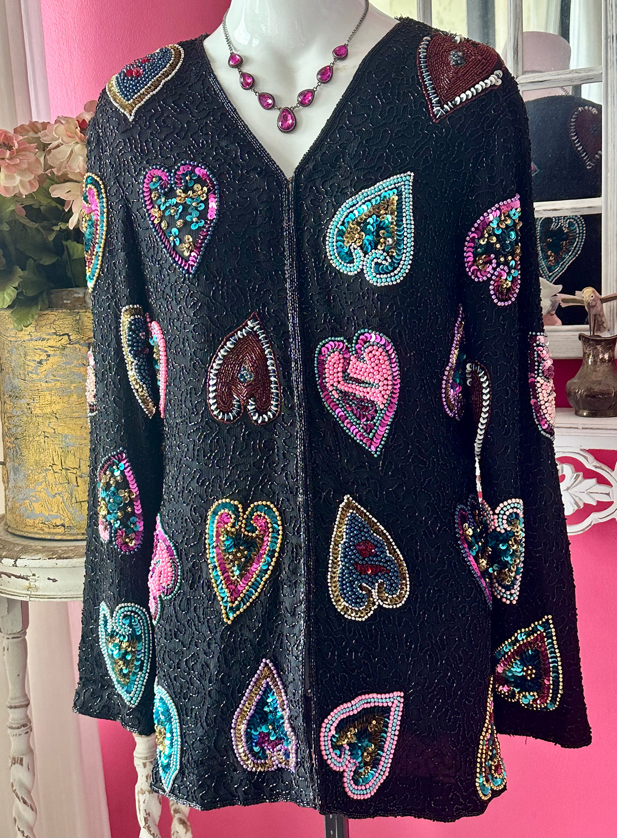 80s Black Long Heart Sequin Beaded Silk Jacket