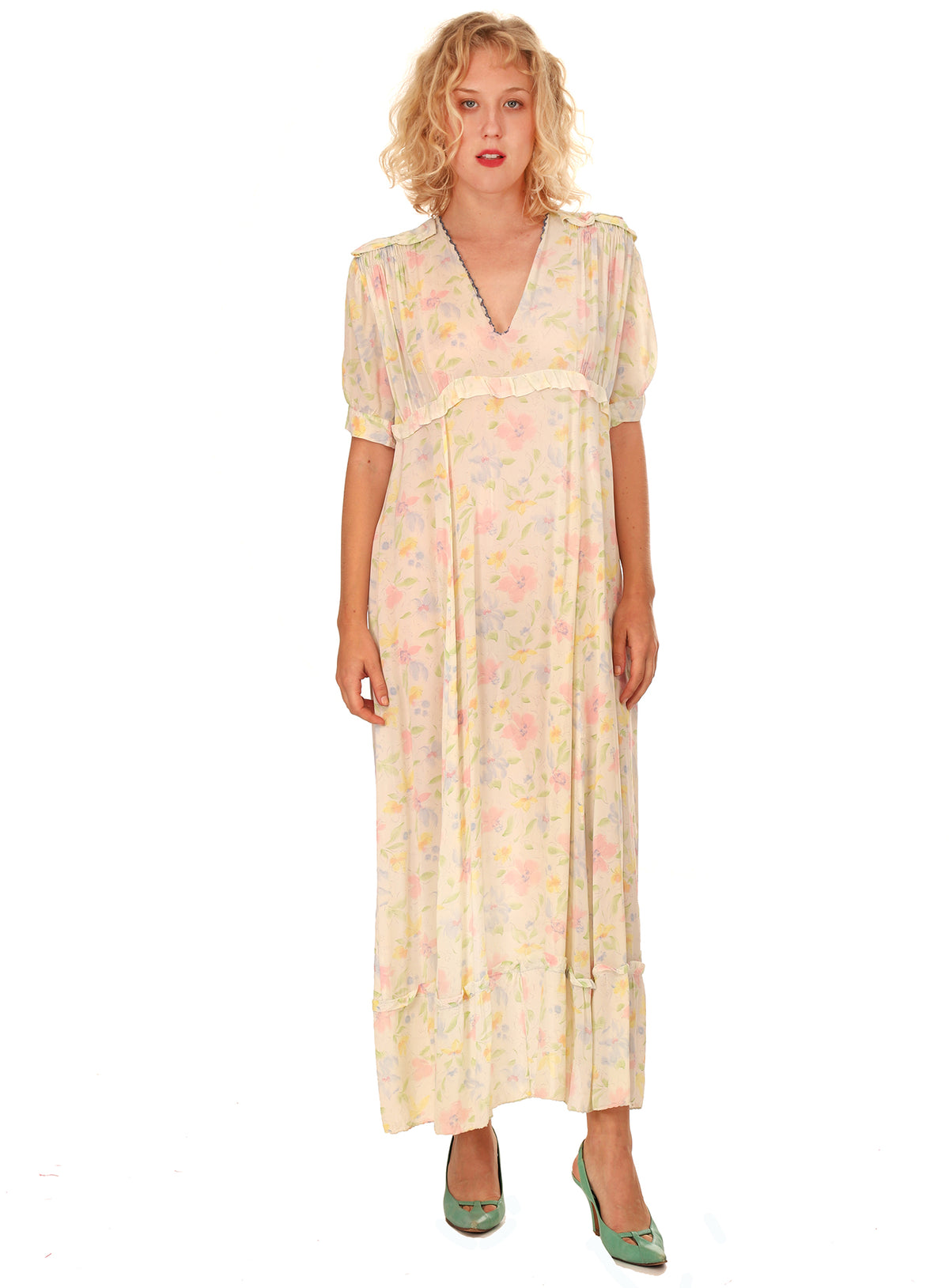 40s Floral Ruffled Slip Dress Maxi