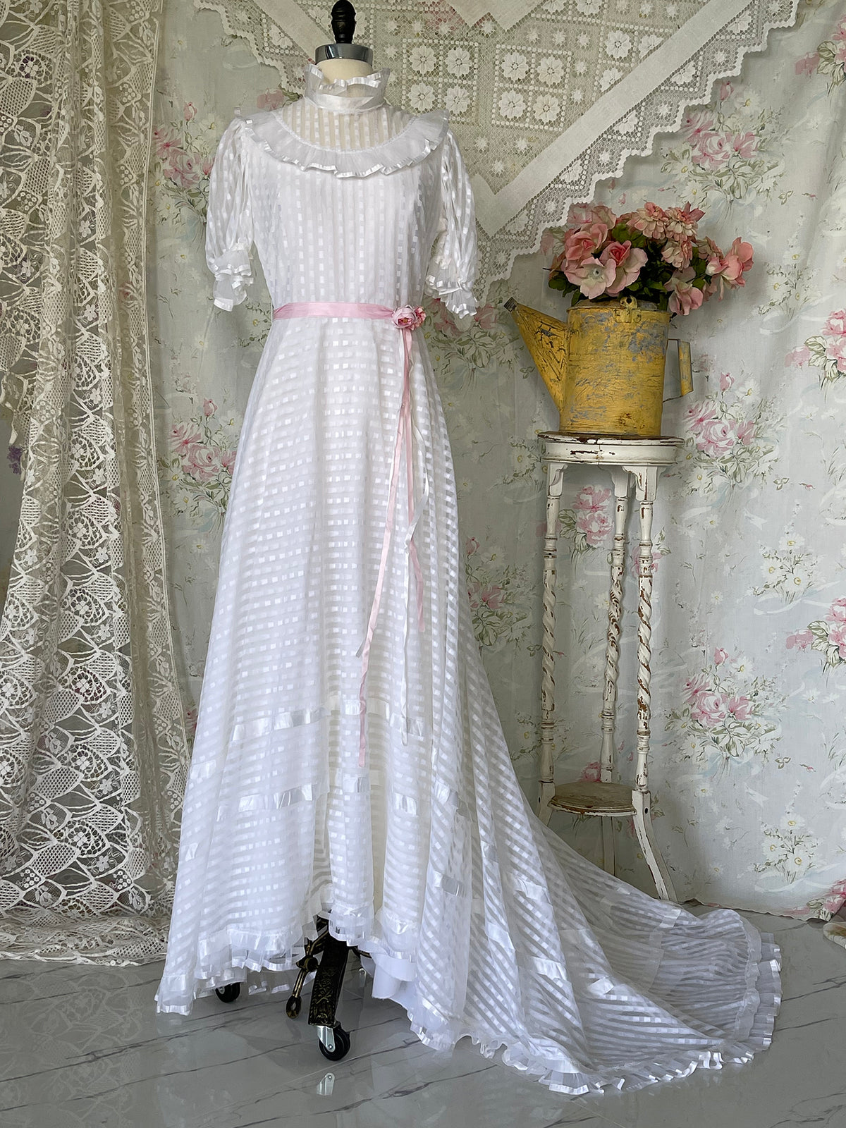 70s Edwardian Style High Neck Ruffle Wedding Dress