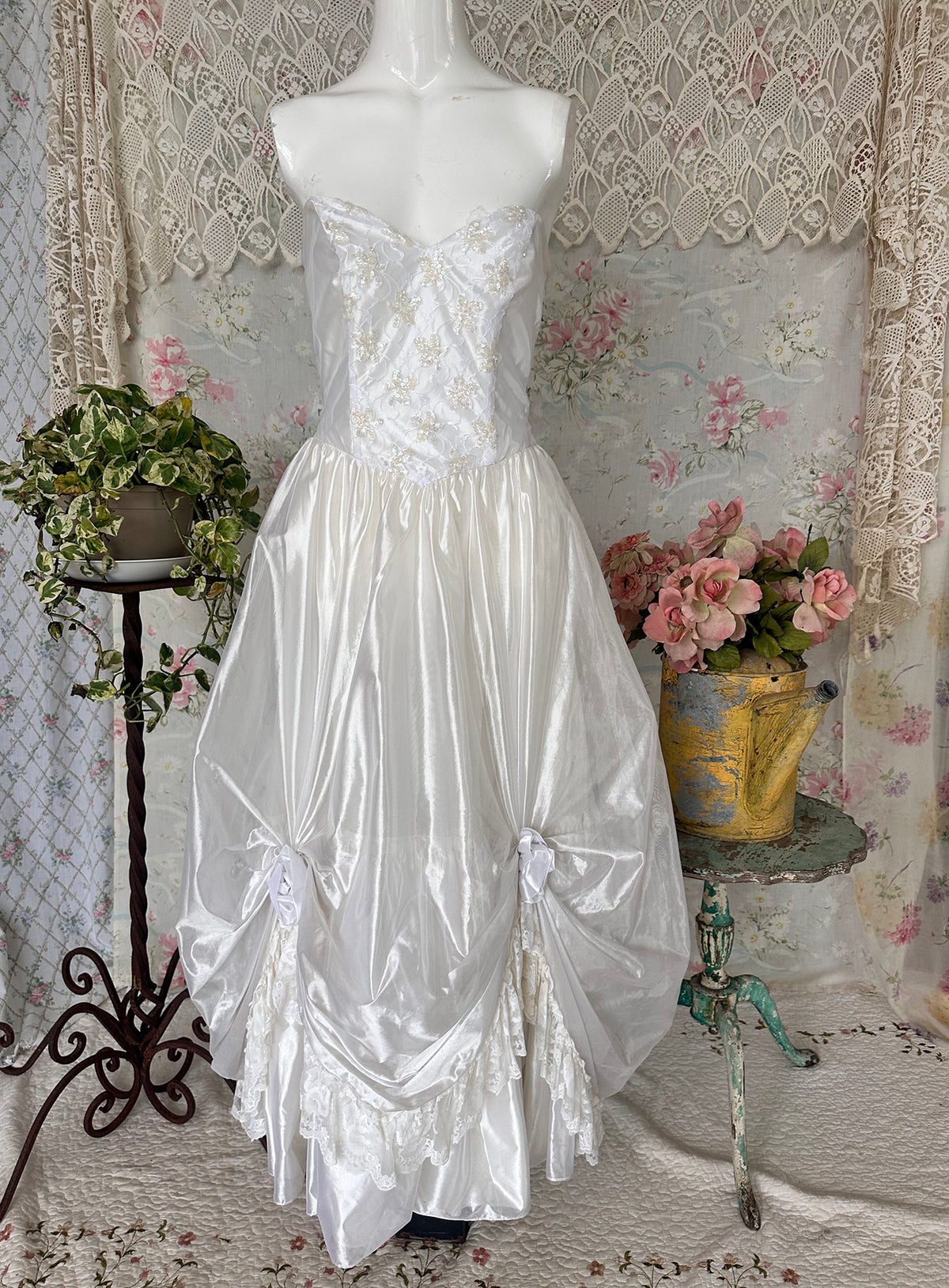 70s White Shimmery Victorian Revival Wedding Dress