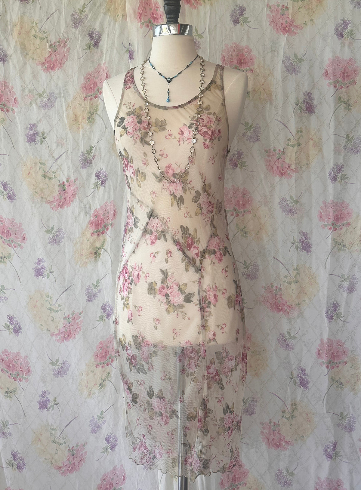 1930s Sheer Rose Floral Silk Chiffon Slip Dress