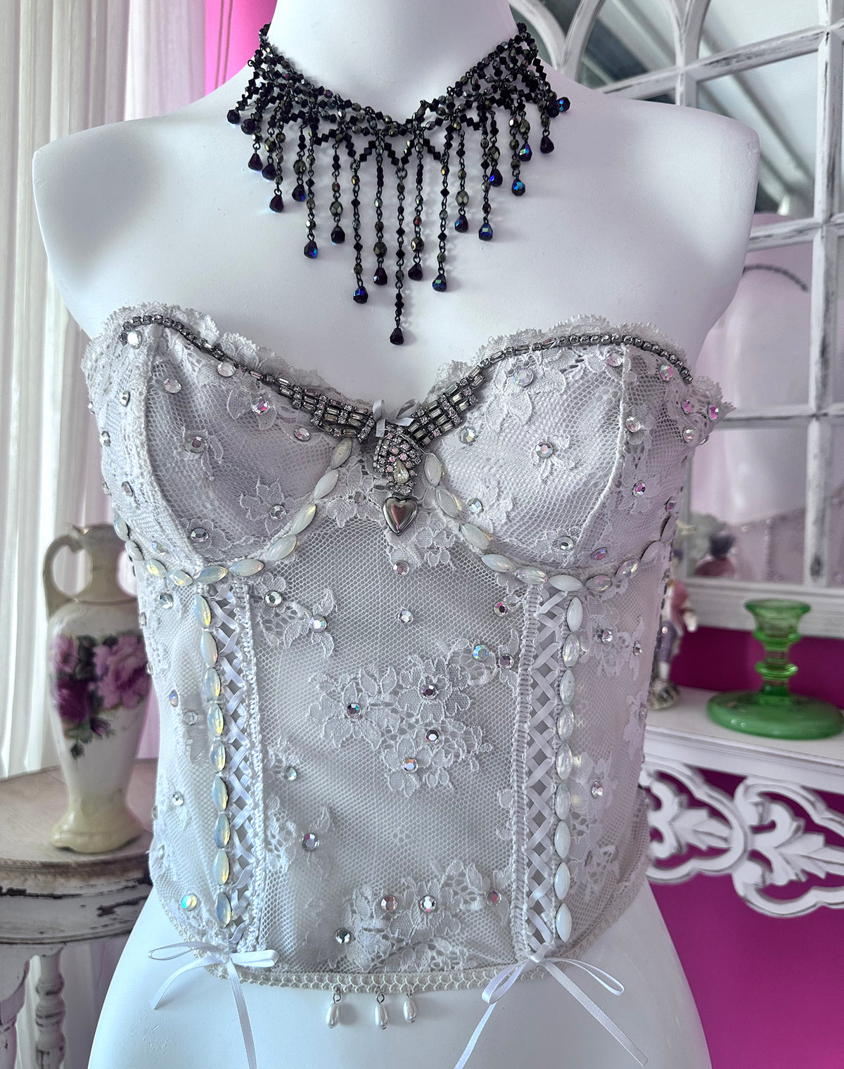 70s White Lace Upcycled Rhinestone Beaded One Of A Kind Corset