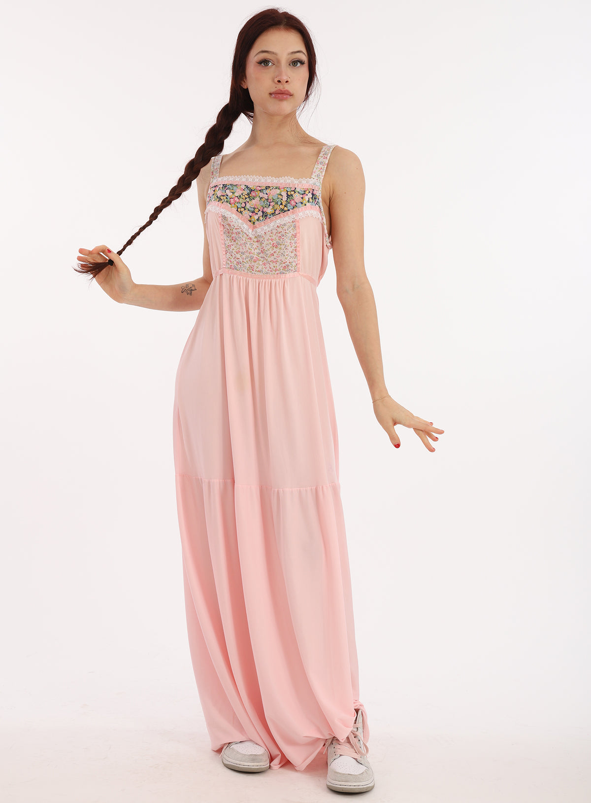 70s Baby Pink Jessica McClintock Style Ditsy Floral Slip Dress