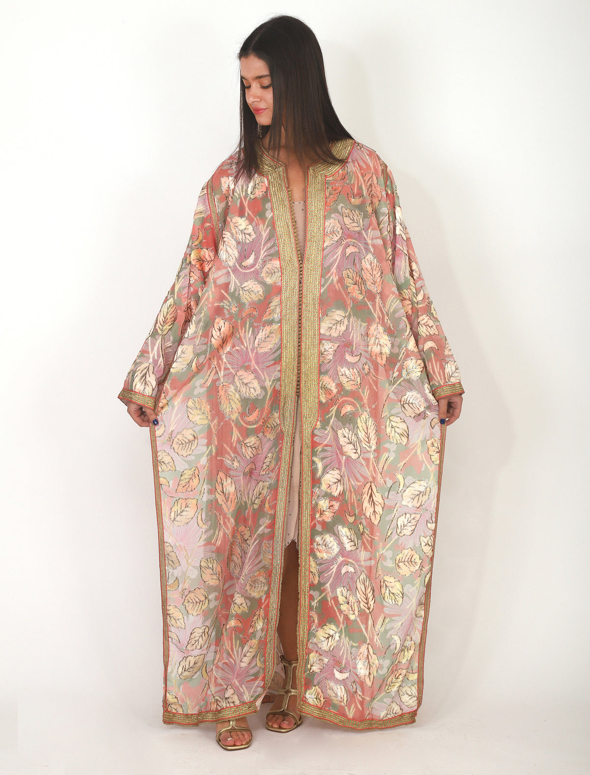 40s Peach Gold Metallic Chiffon Caftan