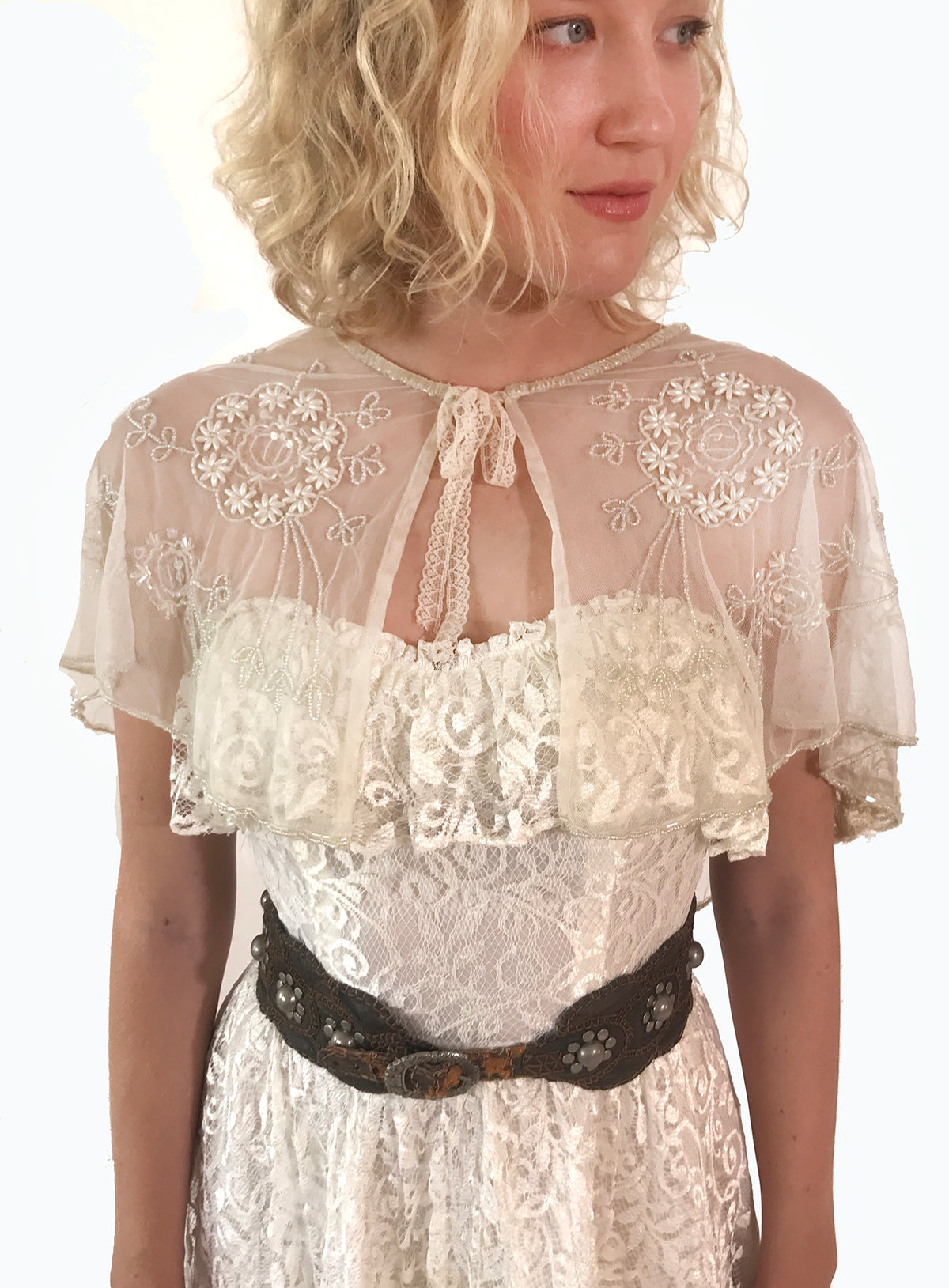 20s Ivory Floral Pearl Beaded Sheer Netted Wedding Shawl Cape with Lace Tie. Absolutely Stunning One of A Kind Handmade and Hand Beaded and subtle sequin embellished Bed Jacket that ties with a lace tie.