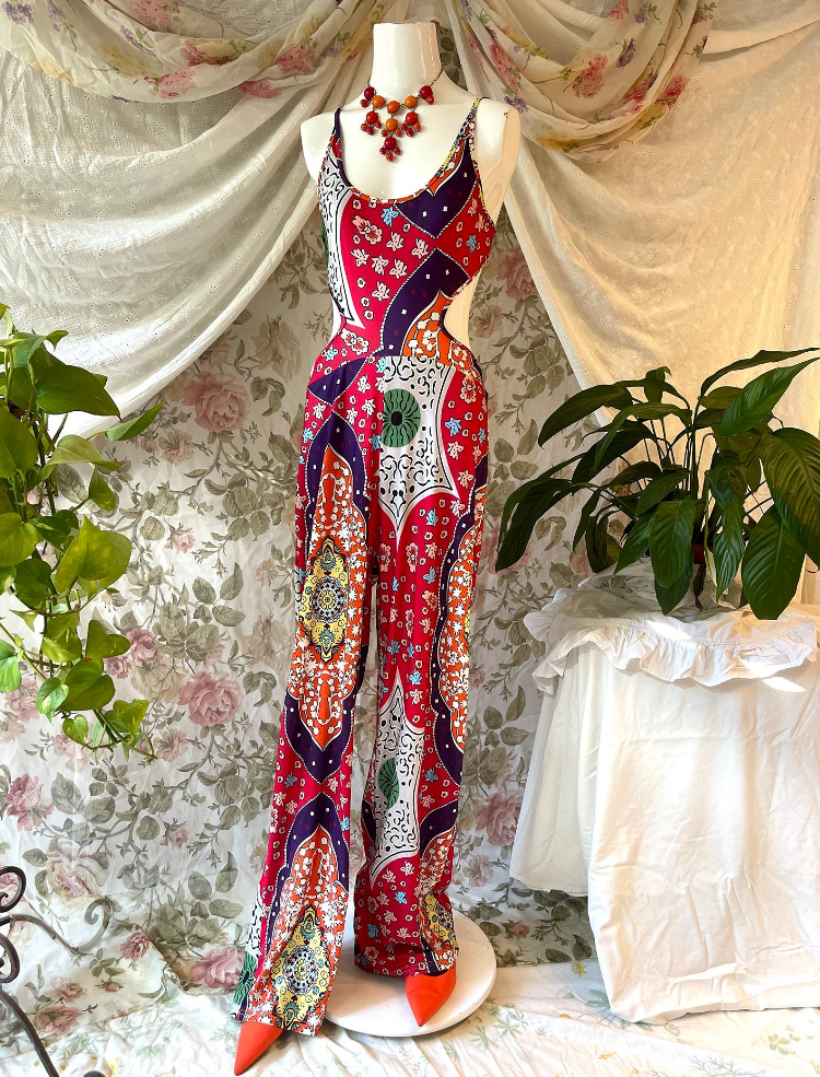 70s Cut Out Red PsychedelicBell Bottom Catsuit