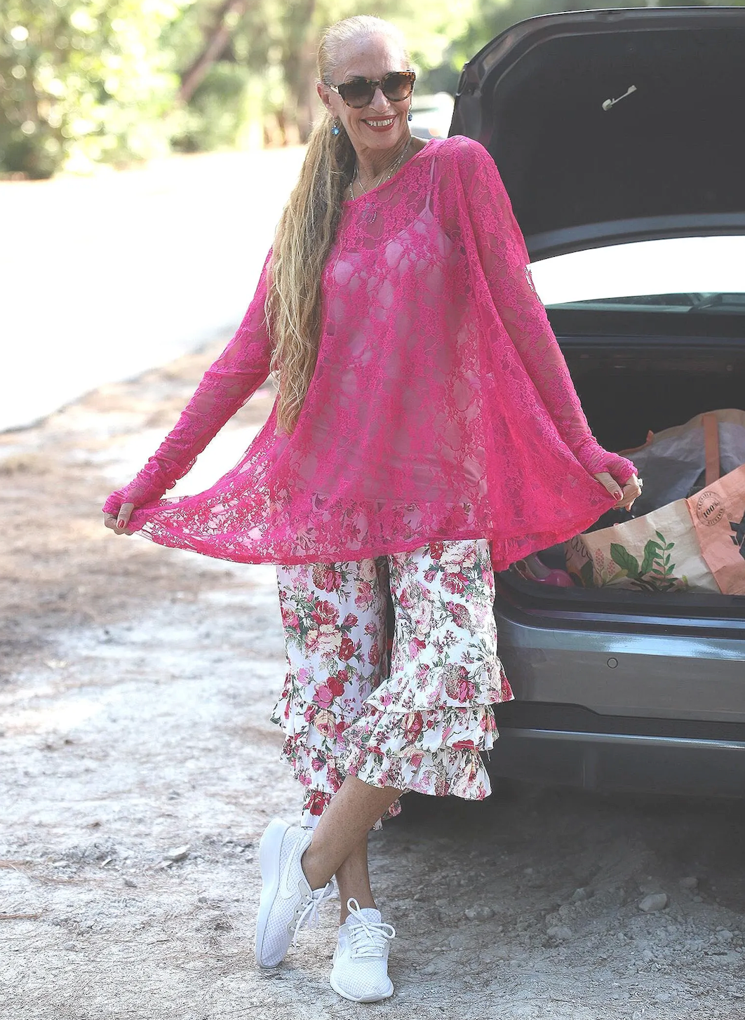Fuchsia Lace Frenchie Flare Top with Thumbholes