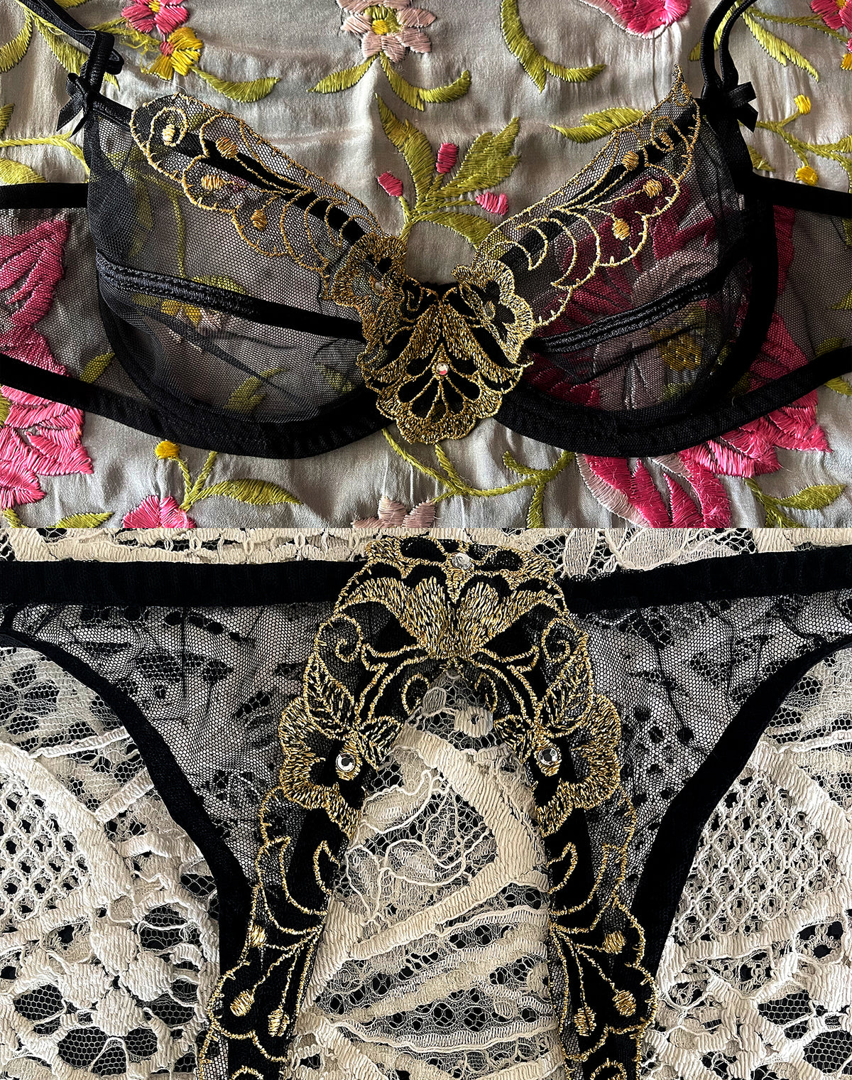 80s Agent Provocateur Black & Gold Bra & Garter Set