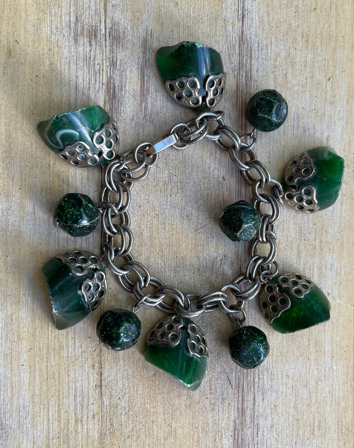 70s Faux Jade Stone And Silver Dangle Chunky Charm Bracelet