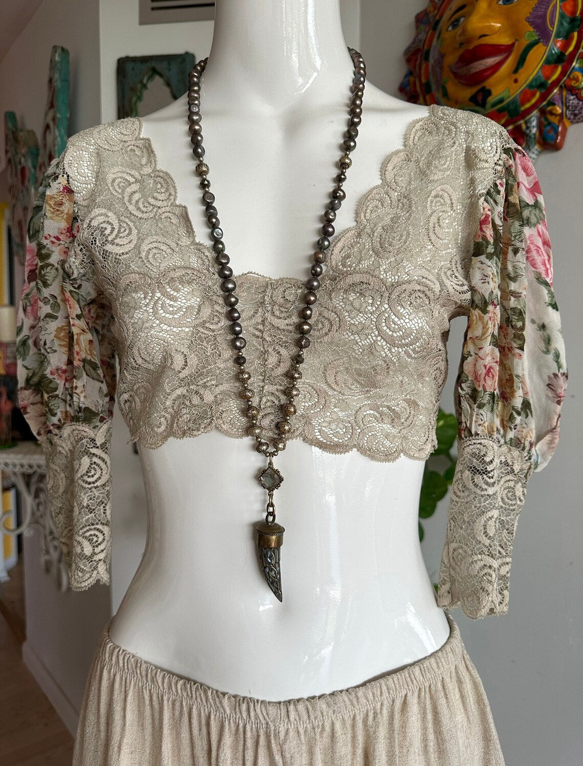 Vintage 70s Floral Lace Crop Top, Poet Sleeve Crop Top,