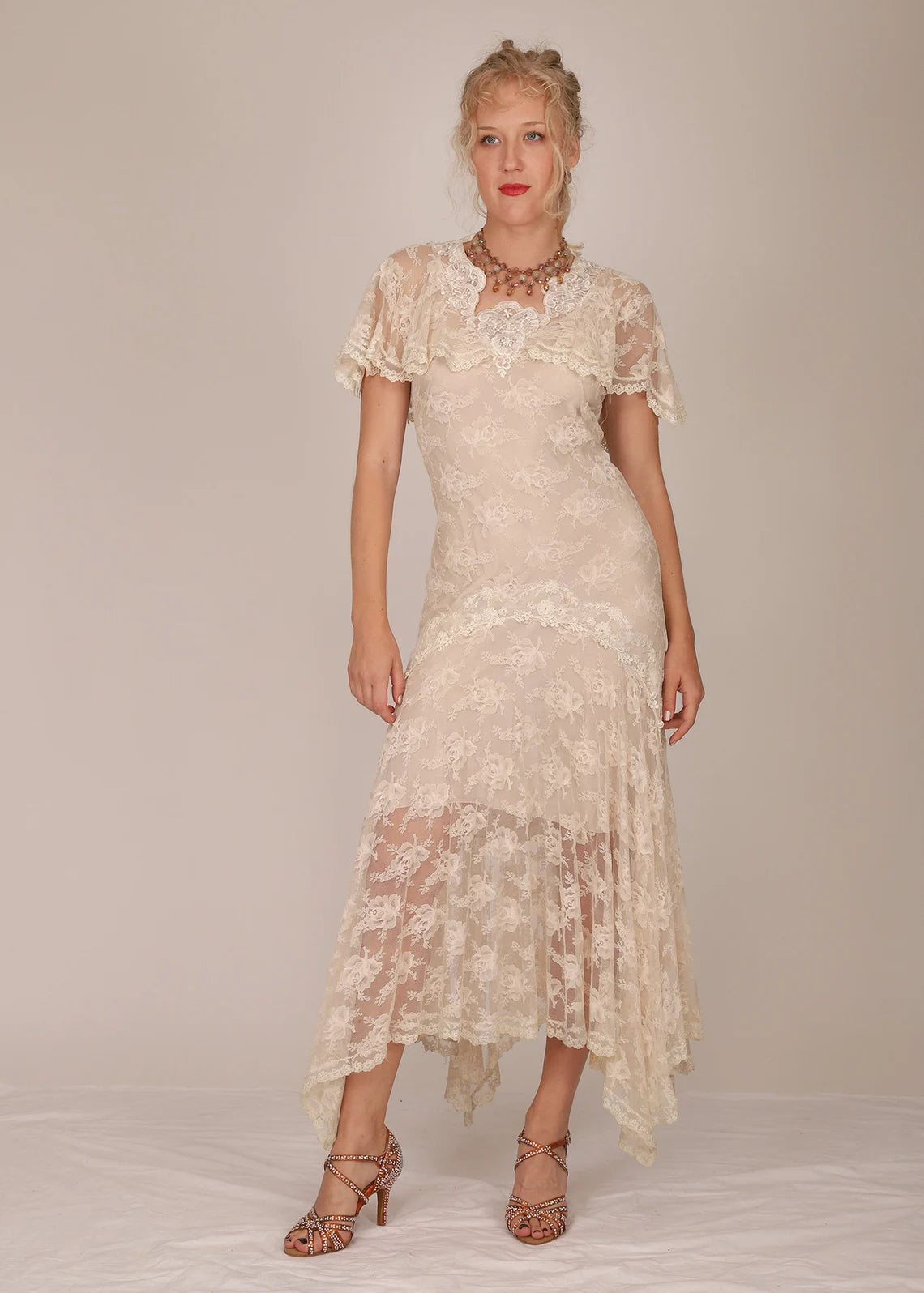 Vintage 1930s Lace Drop Waist Maxi Goddess Wedding Dress with Flutter Sleeves