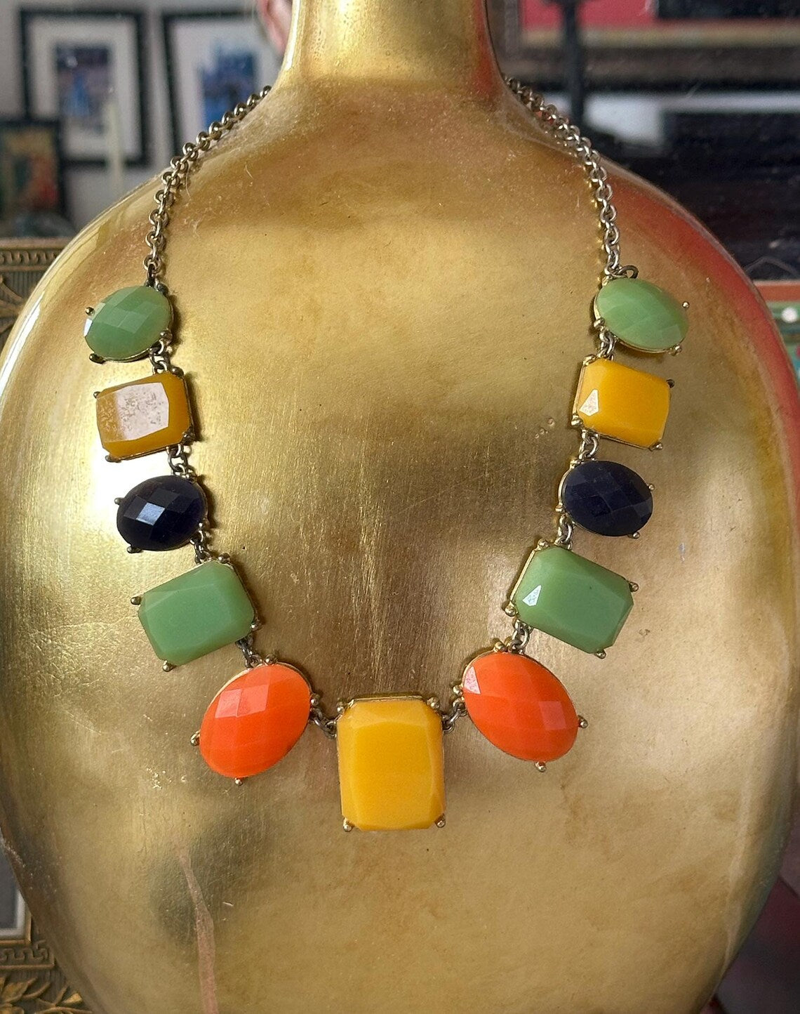 Vintage 1960s Yellow Orange and Green Plastic Bezeled Necklace Adjustable Length
