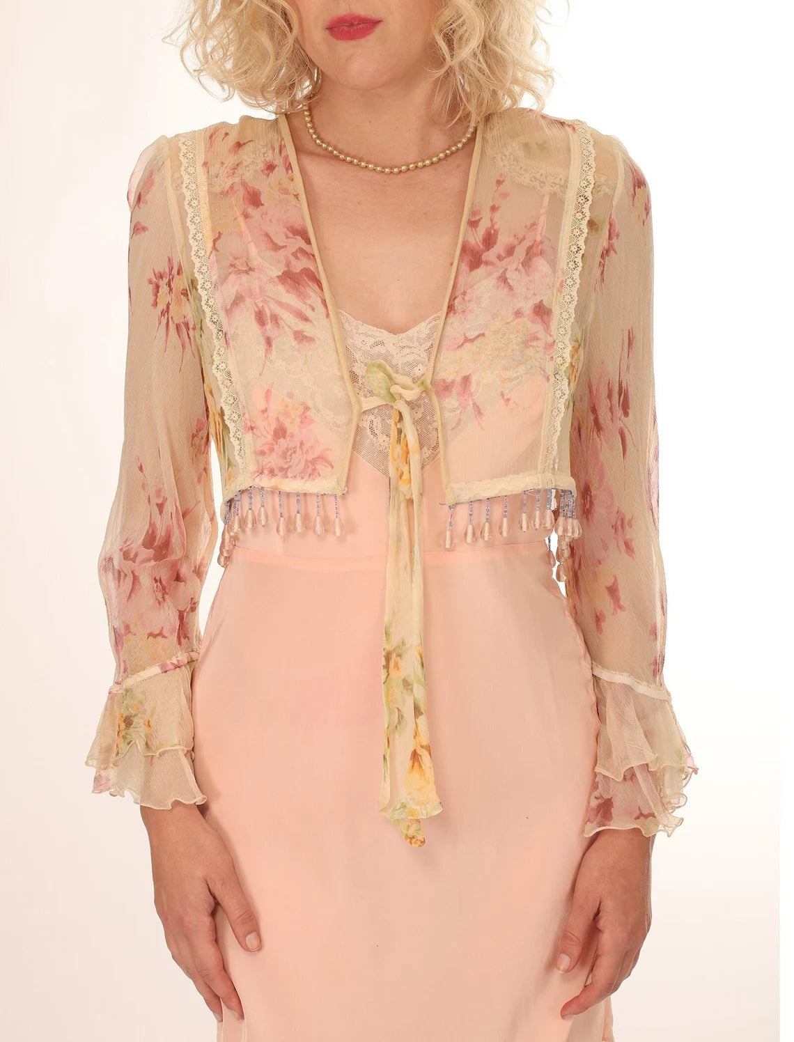 30s Silk Chiffon Floral Fringed Bed Jacket