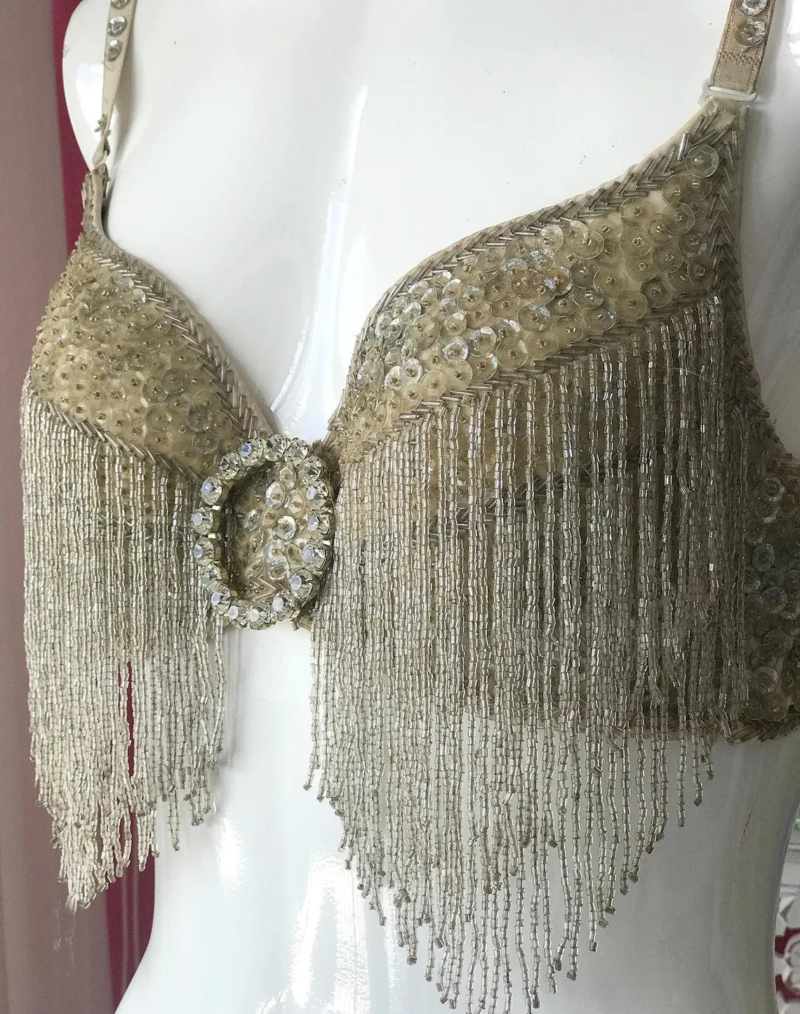 40s Silver Sequin Beaded Showgirl Fringe Costume Bra