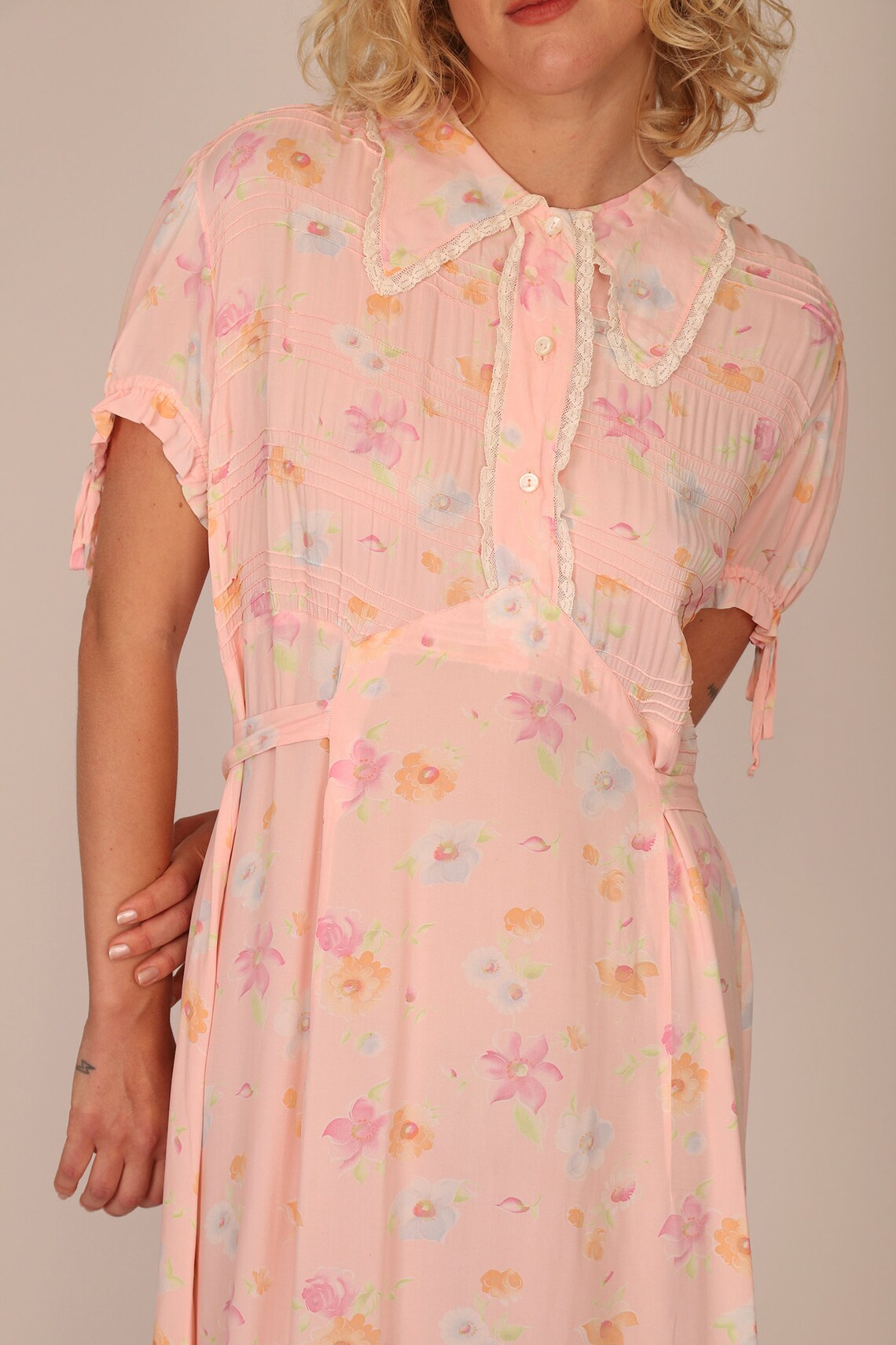 30s Pink Floral and Lace Maxi Slip Dress