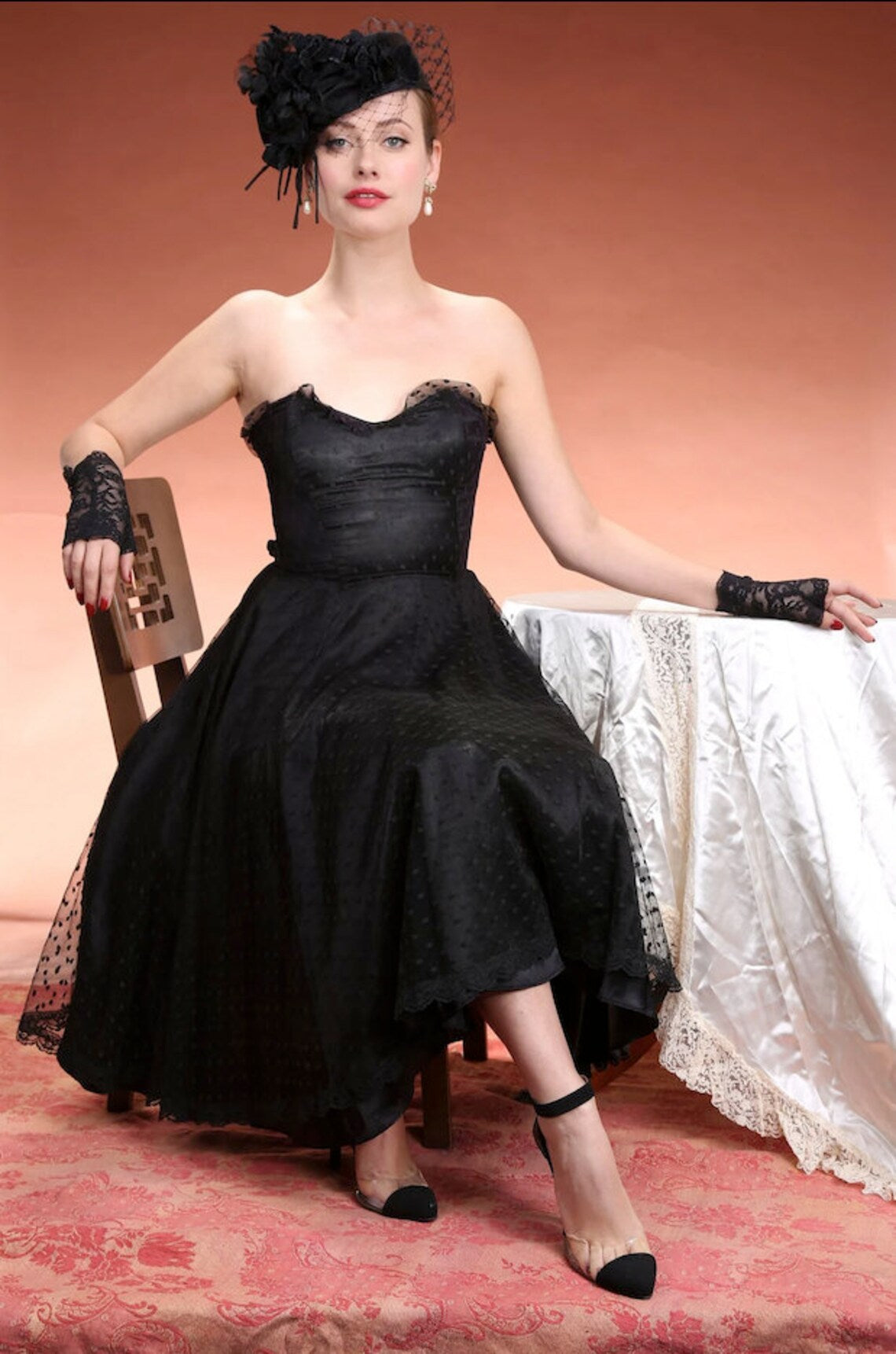 Vintage Gunne Sax Black Lace Strapless Dress