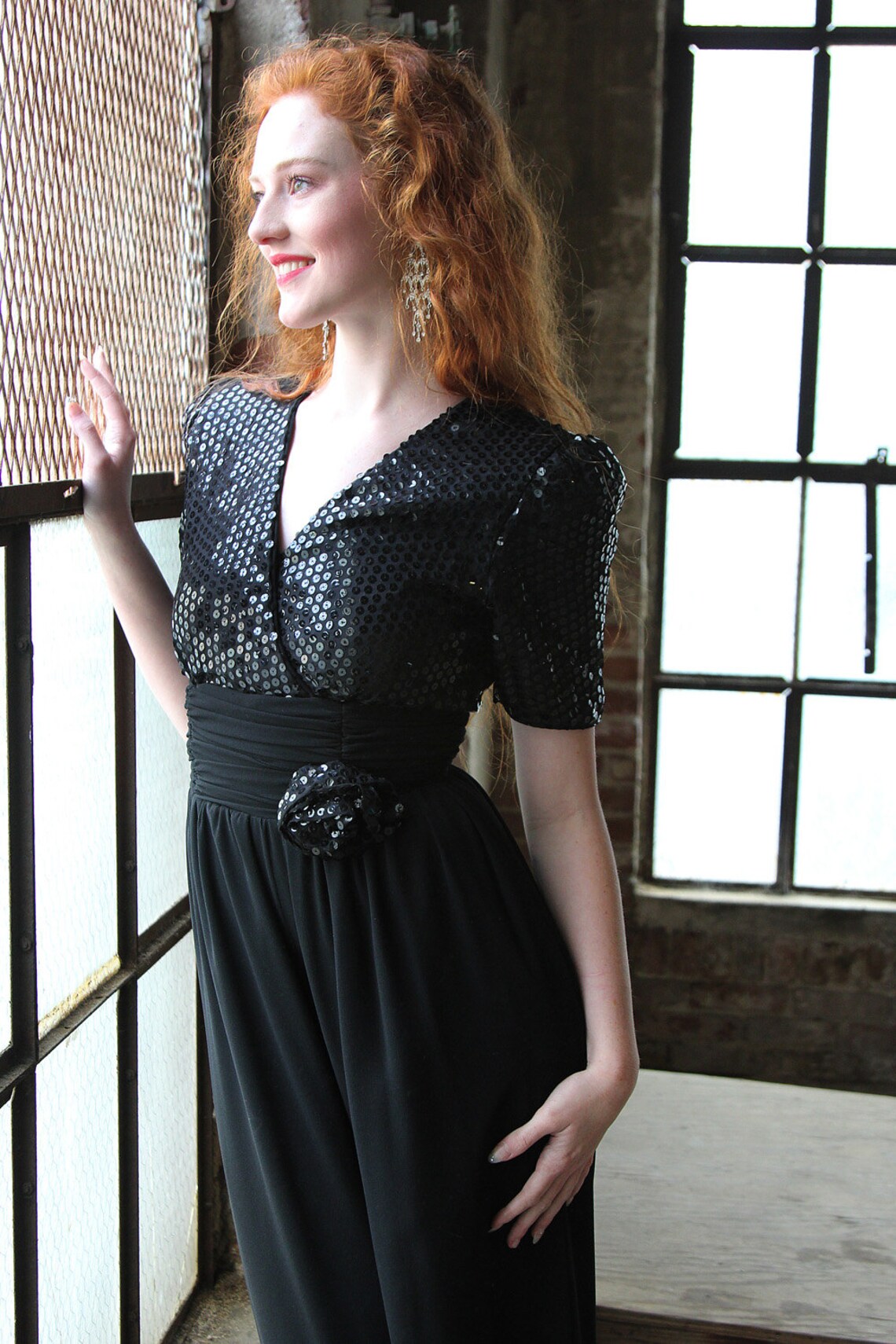 80s Black Sequin Empire Waist Jumpsuit