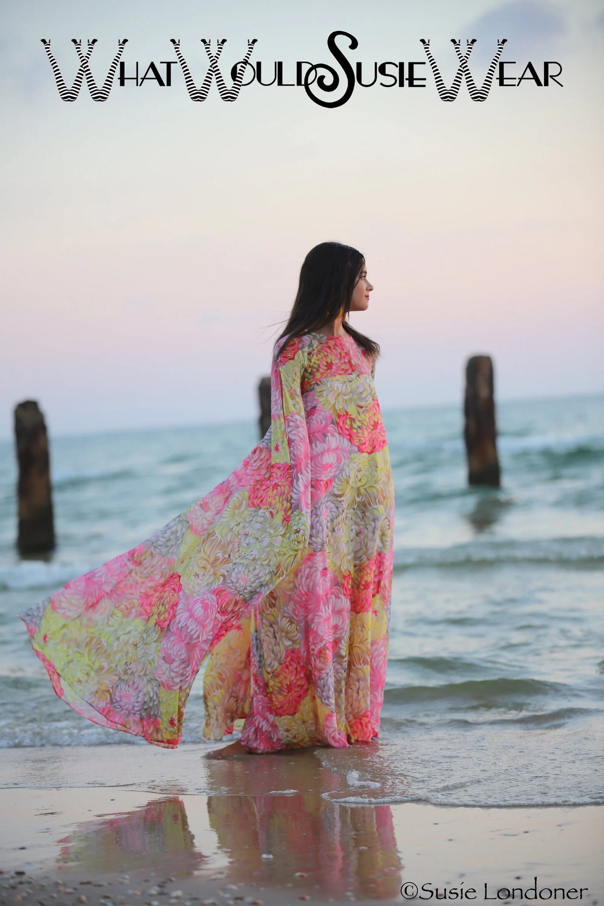 60s Rare Floral Angel Wing Maxi Caftan Dress