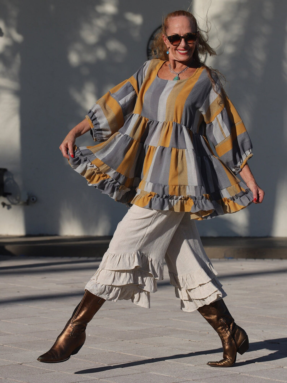 Grey and Gold SHOSHI Babydoll Top