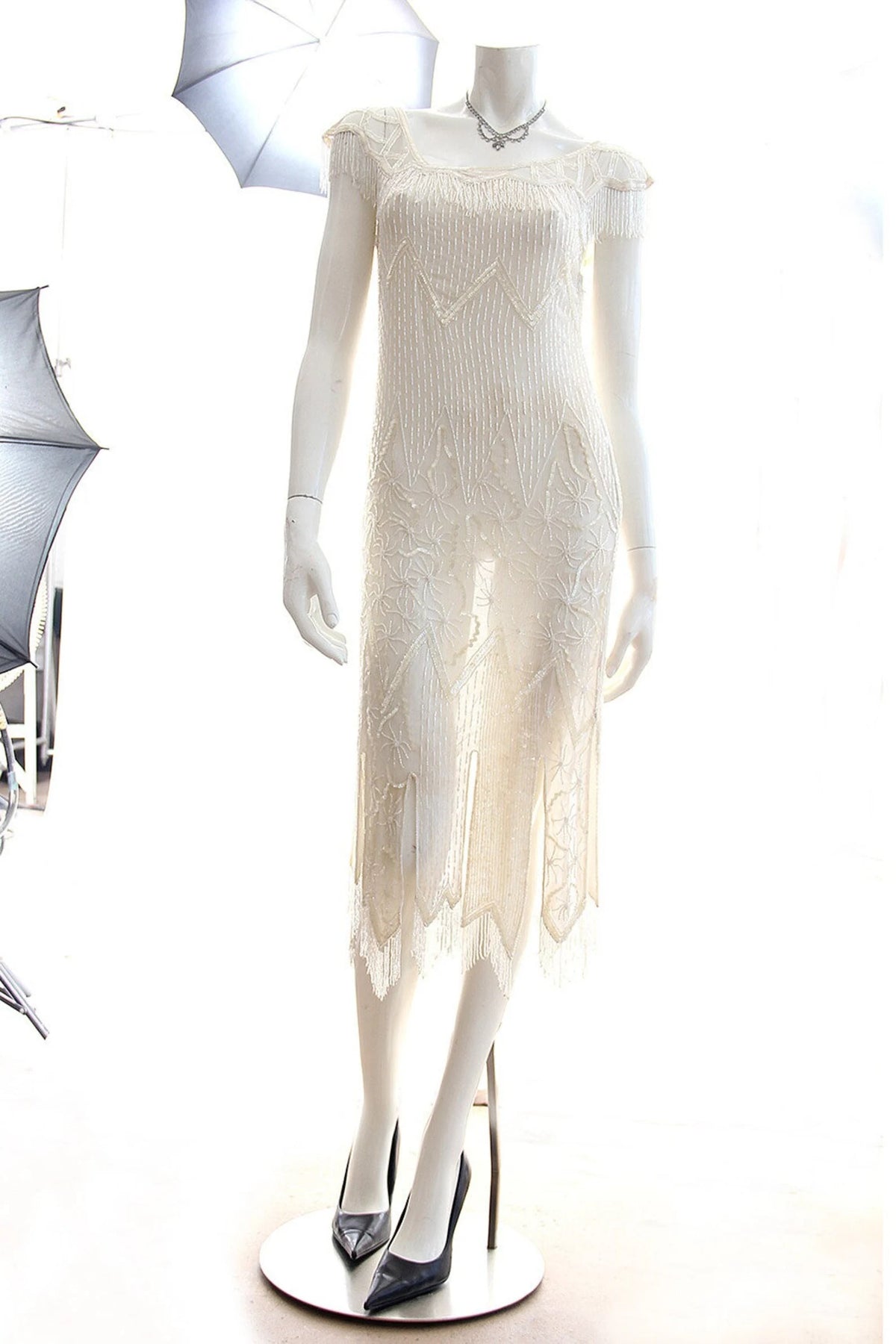 Vintage Ivory White  Beaded Flapper Low Back Fringed Dress