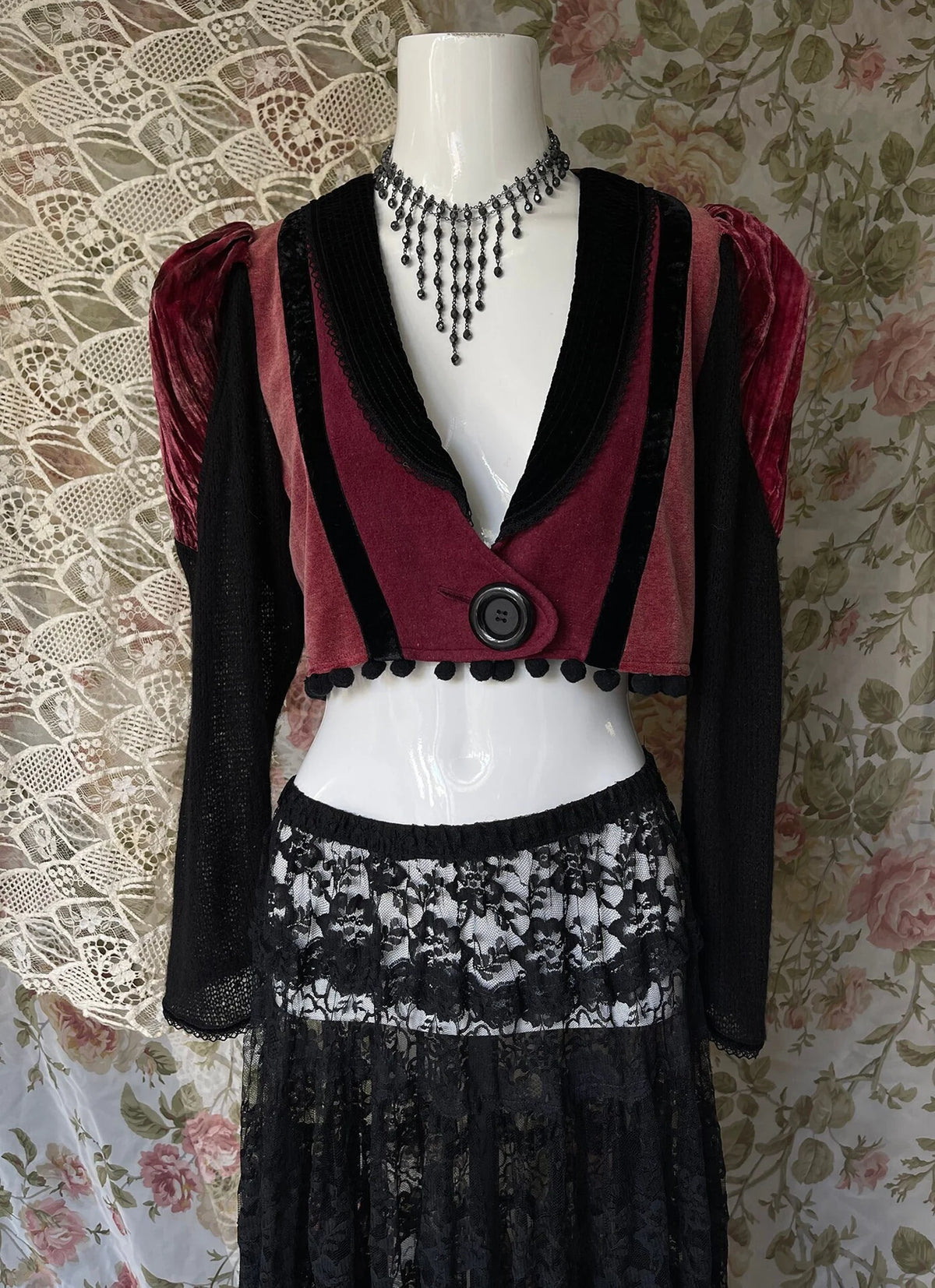 70s Steampunk Velvet Cropped Jacket Crochet Back