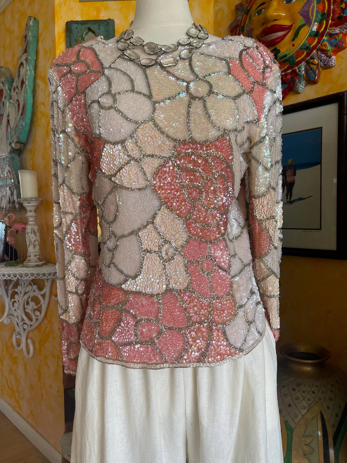 80s White and Bubble Gum Light Pink Sequin Floral and Silver Beaded Long Sleeve Top with Silver Swirly Beading. Such gorgeous colors with Beaded Neckline and Cuffs. V Back with Zipper Closure.