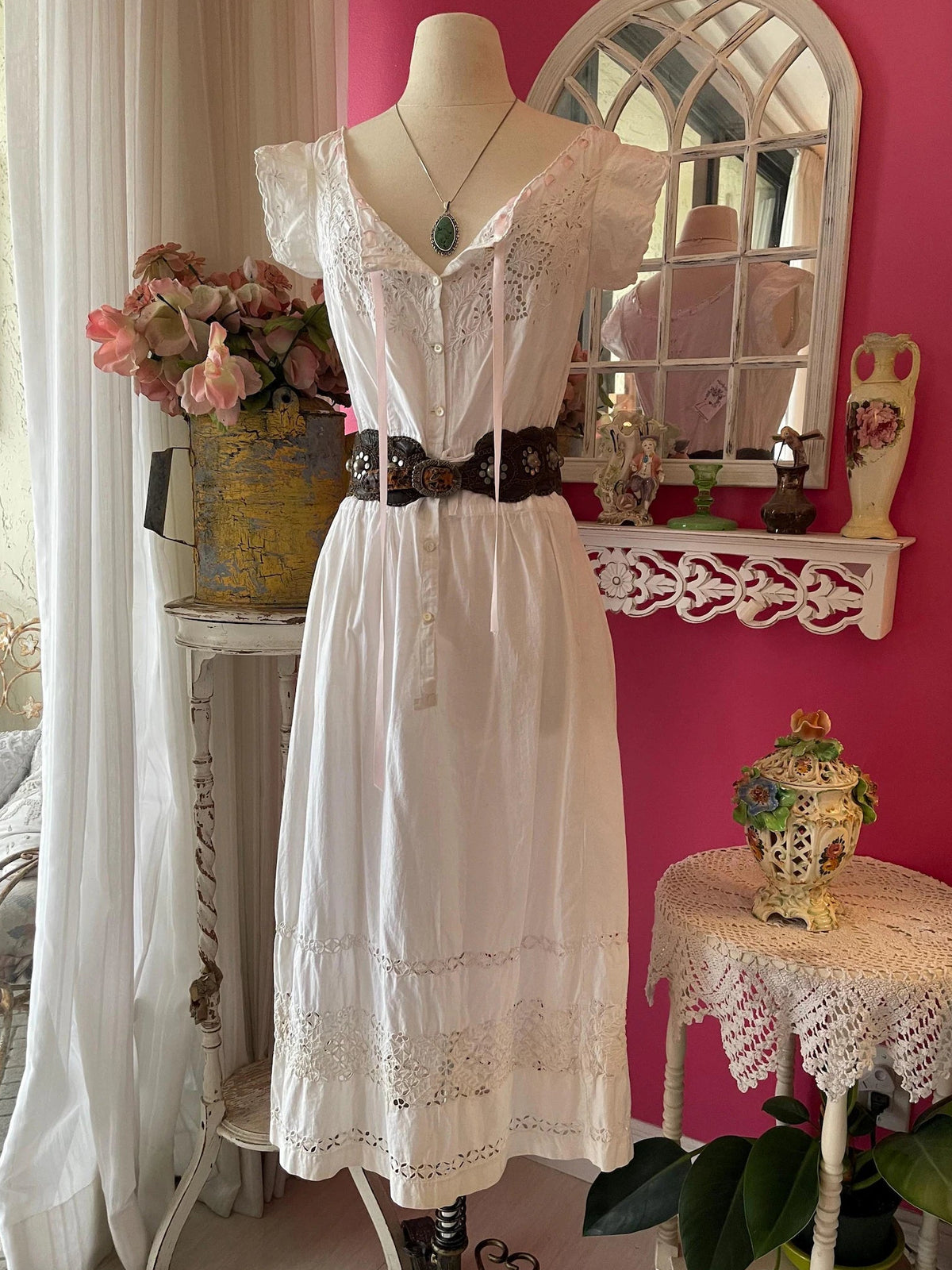 Antique Edwardian White Cap Sleeve, Eyelet, Button Up Ribbon Tie Waist Midi Day Dress.