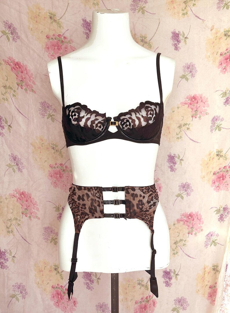 80s Leopard Leather Belted Garter Belt