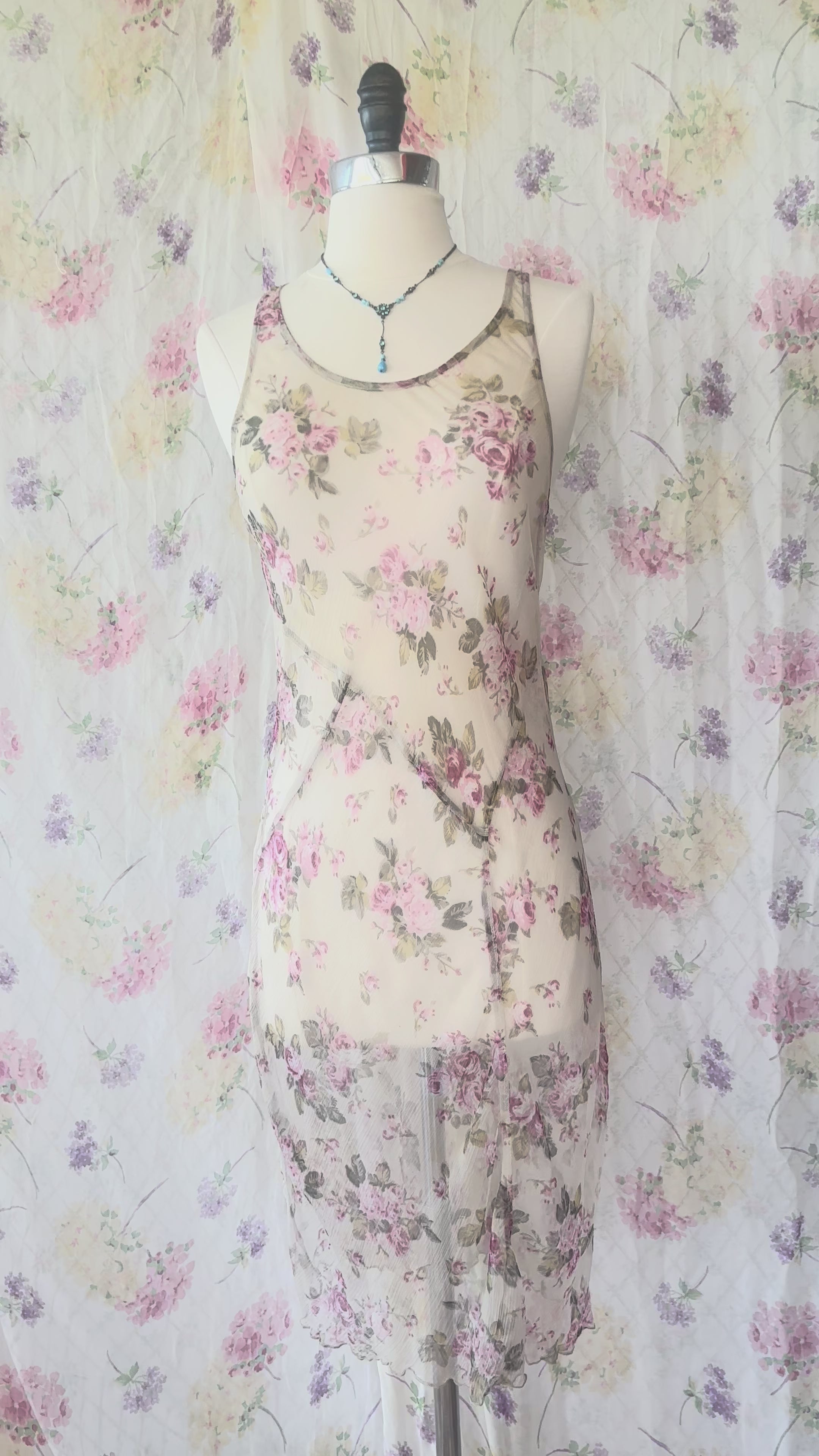 1930s Sheer Rose Floral Silk Chiffon Slip Dress