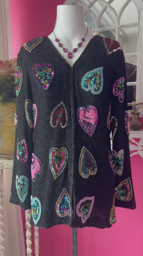 80s Black Long Heart Sequin Beaded Silk Jacket