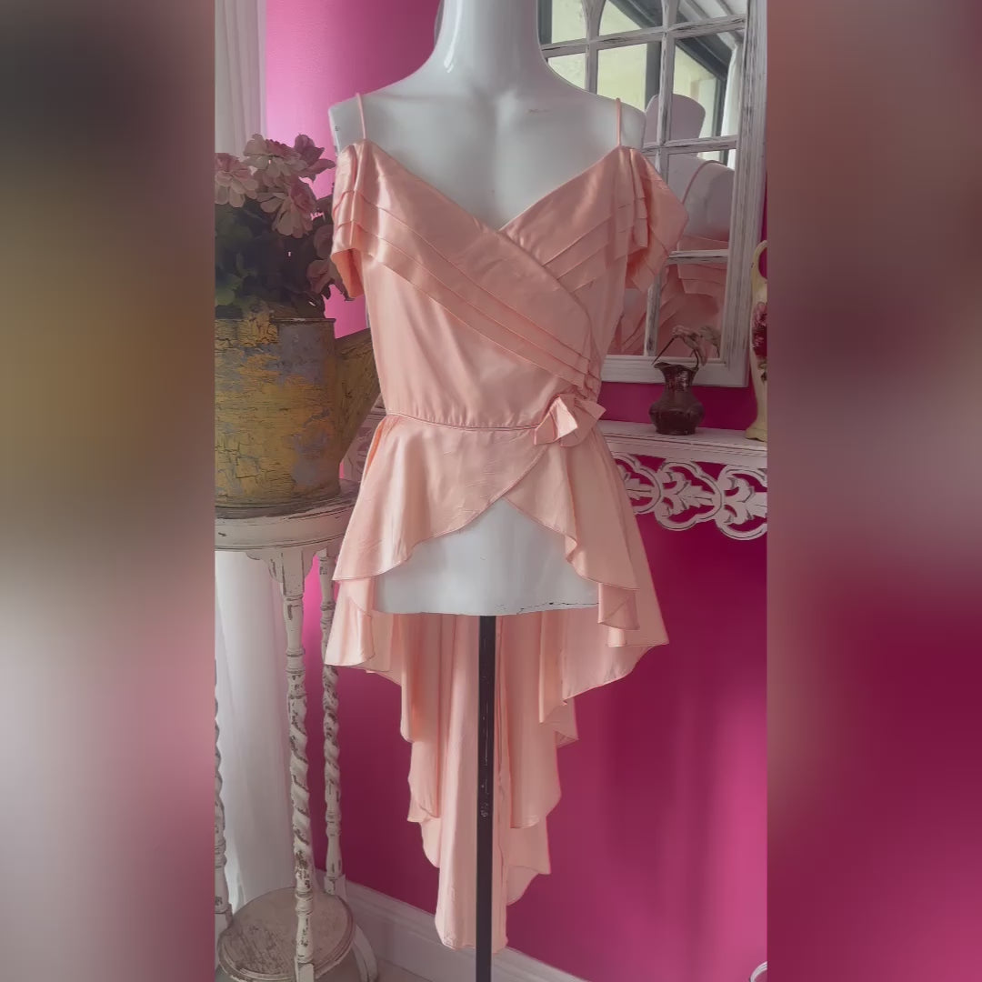 70s Reworked Pink Satin Fishtail Off Shoulder Top