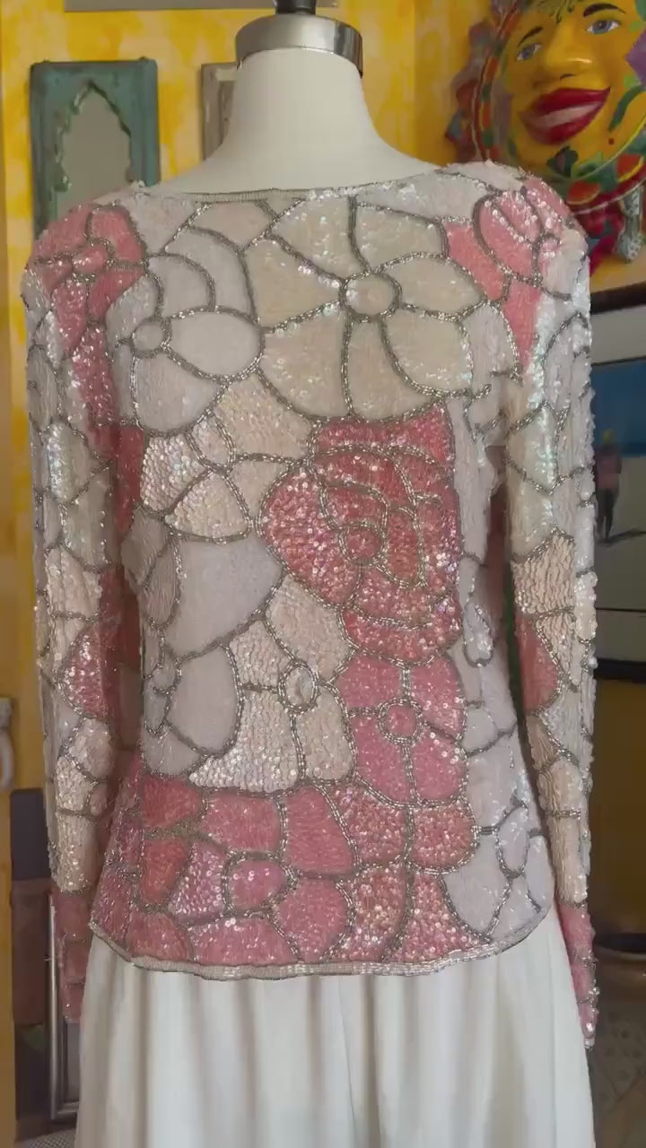 80s White and Bubble Gum Light Pink Sequin Floral and Silver Beaded Long Sleeve Top with Silver Swirly Beading. Such gorgeous colors with Beaded Neckline and Cuffs. V Back with Zipper Closure.
