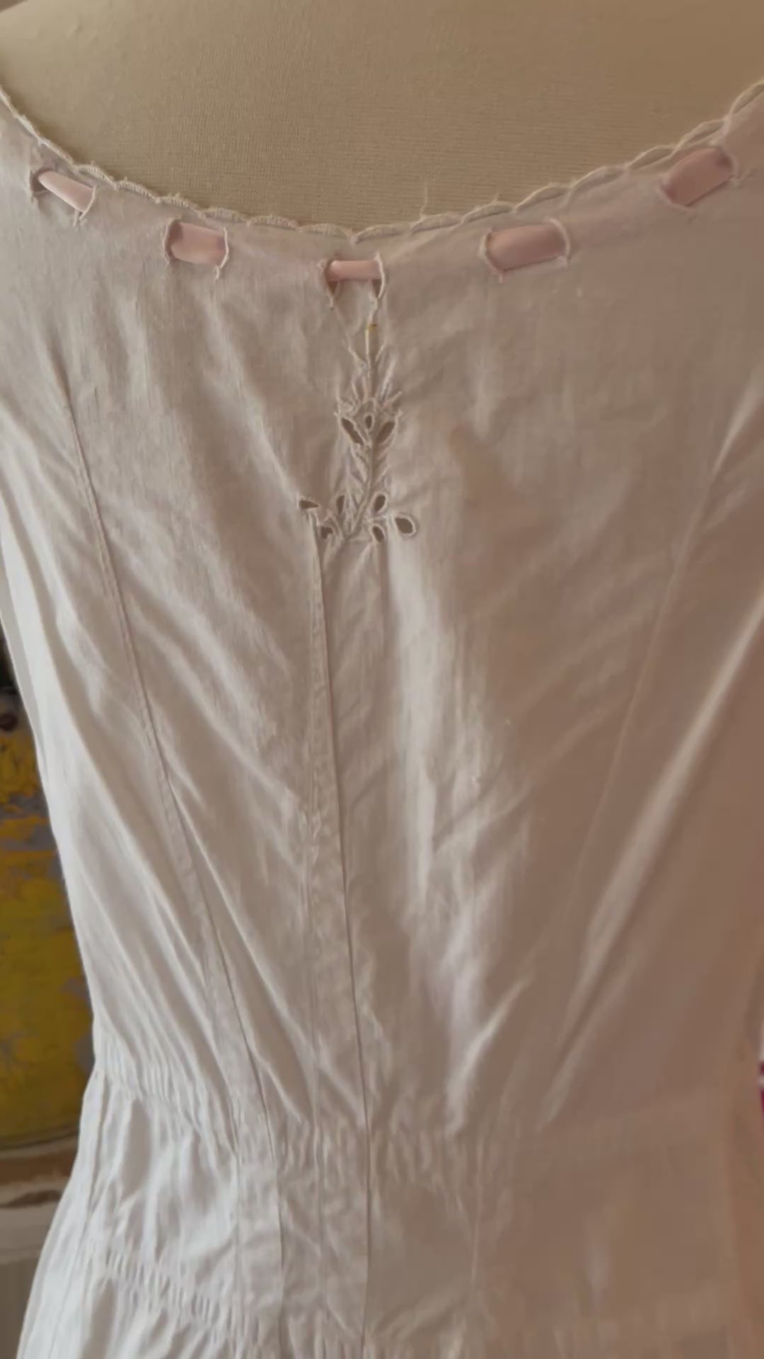 Antique Edwardian White Cap Sleeve, Eyelet, Button Up Ribbon Tie Waist Midi Day Dress.