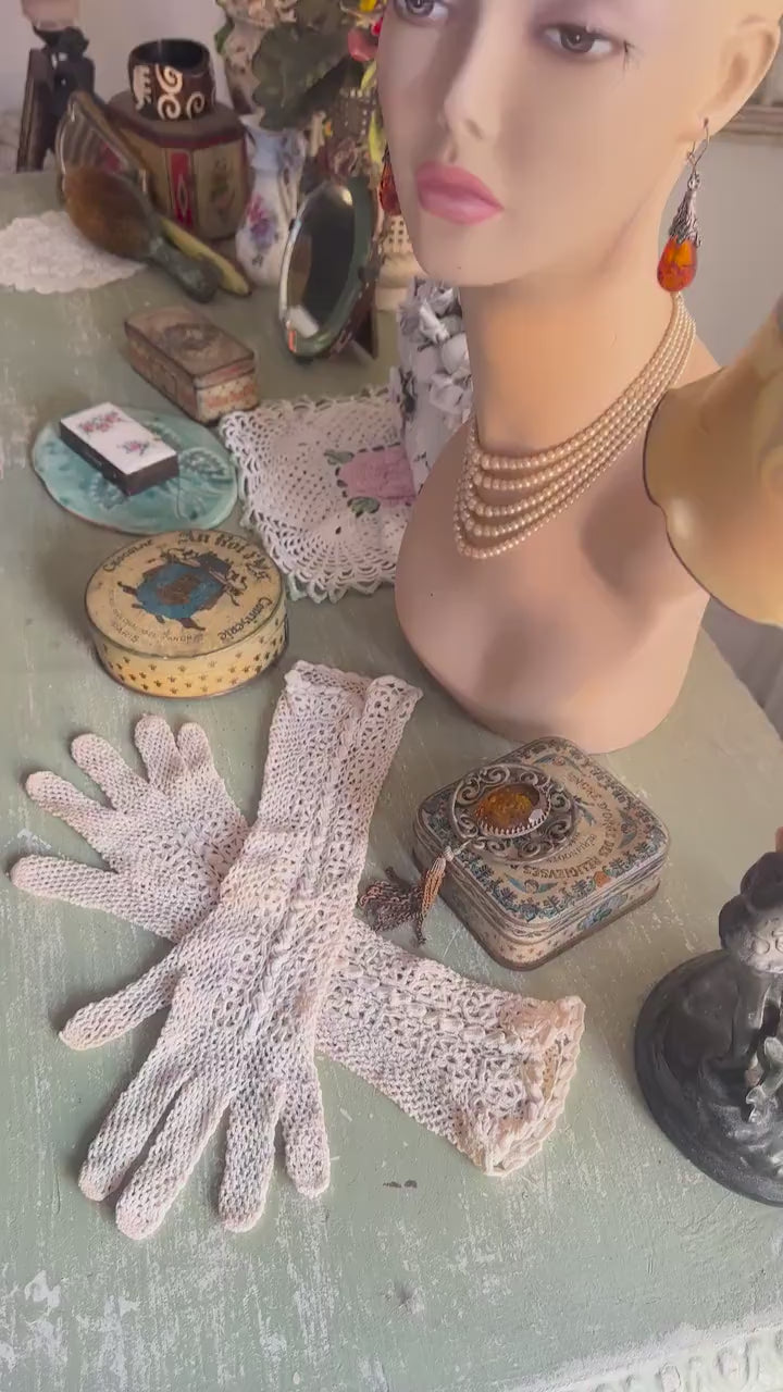 Antique Edwardian Long Ivory Hand Crochet Floral Netted Gloves