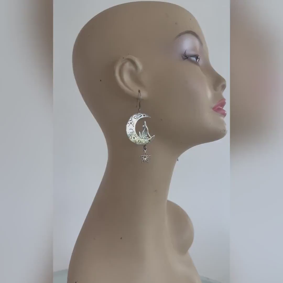 70s Sterling Silver Howling Moon and Star Stamped Drop Earrings