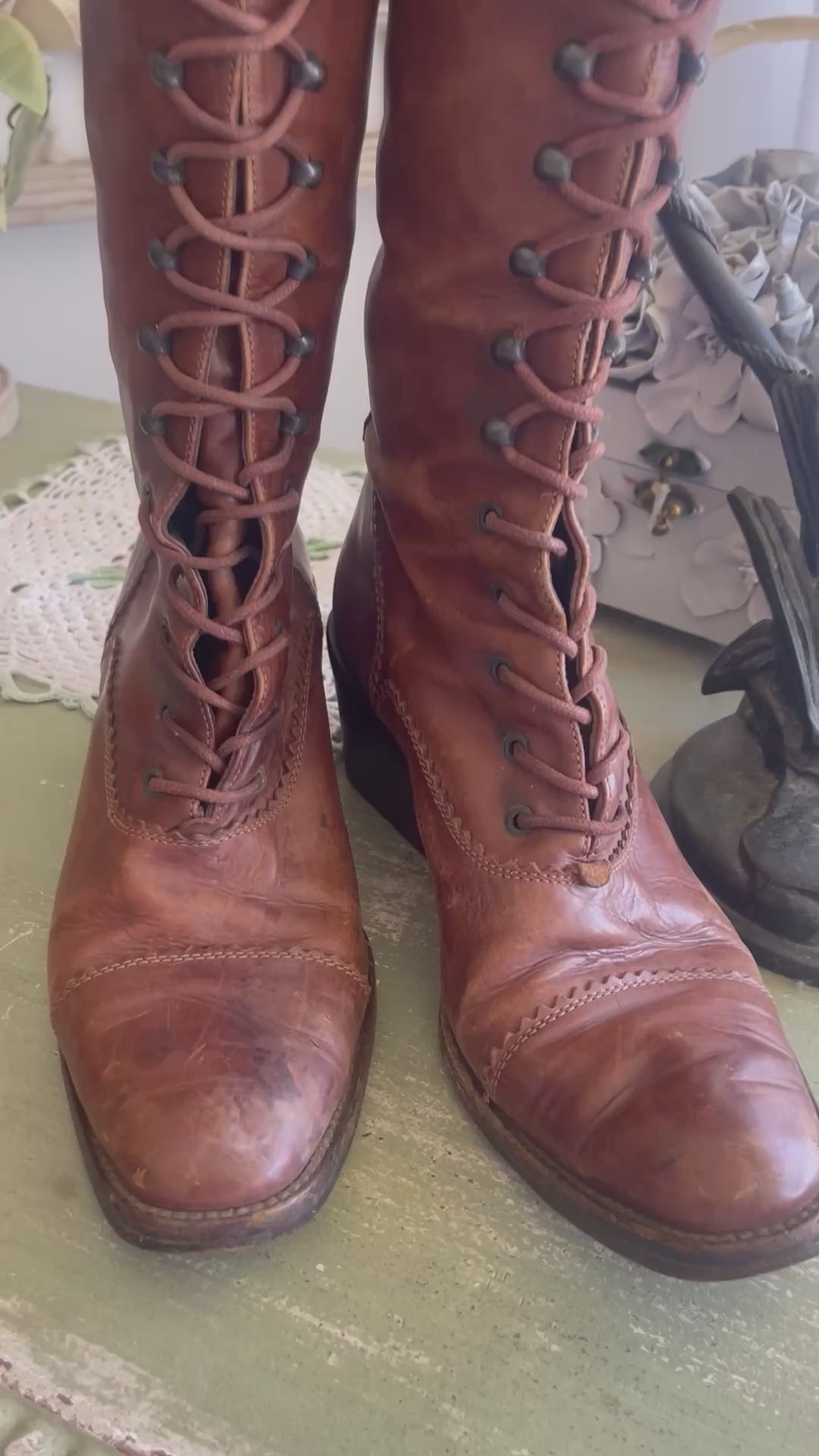 1970s Rare Joan and David Cognac Leather Lace Up Boots
